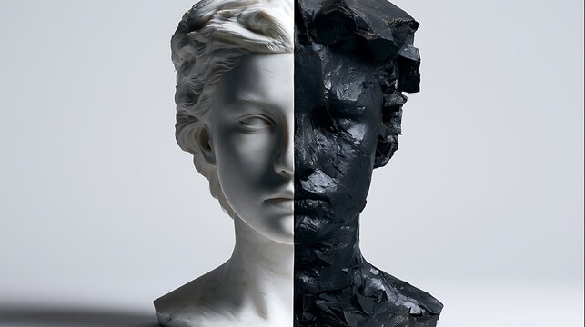 303. A conceptual art depicting the 'Splitting' mechanism (all-or-nothing thinking). A portrait of a person split down the middle, one side made of absolute pristine white marble, the other 