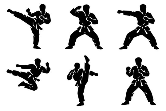 Black silhouettes of martial artist performing karate poses with kicks, punches, and stances. Bold vector artwork symbolizing discipline, strength, and training in dynamic style.