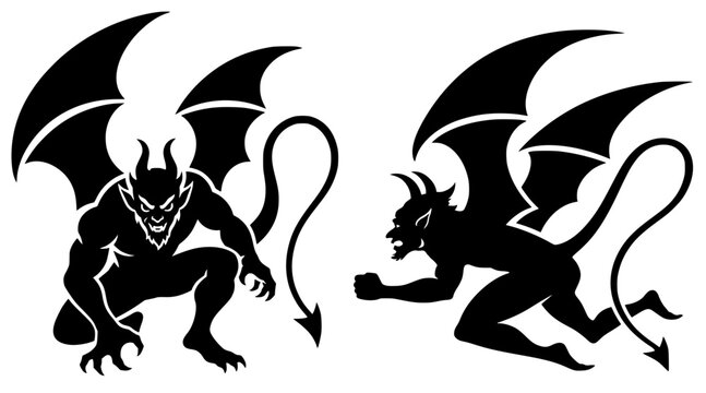 Black silhouettes of winged horned demons with tails and fangs in crouching and lunging poses. Bold vector artwork symbolizing fantasy, mythology, and dark power in dynamic style.