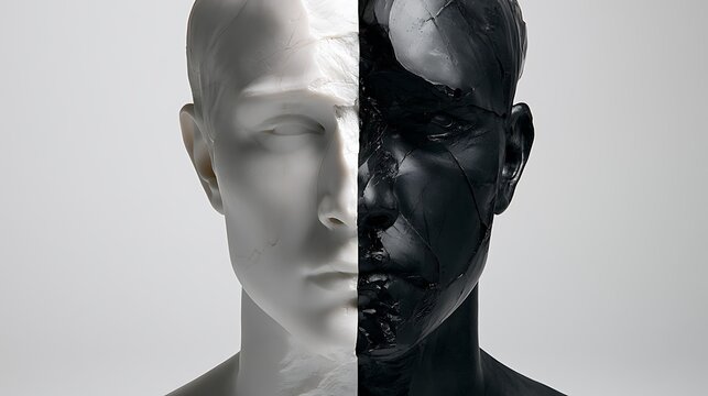 303. A conceptual art depicting the 'Splitting' mechanism (all-or-nothing thinking). A portrait of a person split down the middle, one side made of absolute pristine white marble, the other 