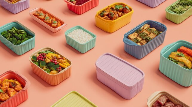 Many containers filled with delicious and appetizing food arranged on a vibrant colorful background, featuring a variety of fresh meals for food delivery, takeaway, restaurant ordering, fast food, lun