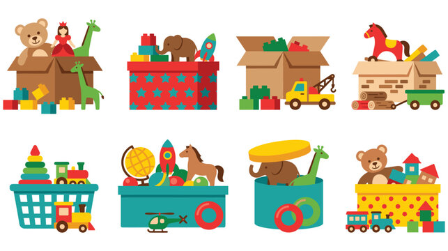 Collection of colorful toy boxes filled with various classic children's playthings.