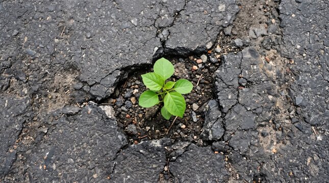 Small green plant growing through crack in asphalt road surface, symbol of resilience nature survival urban environment hope new life beginning concept