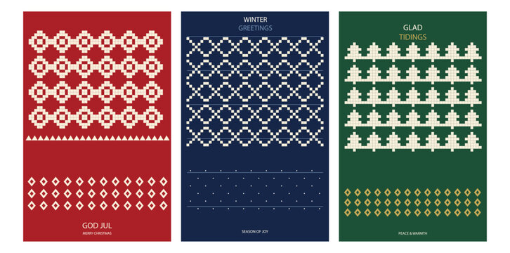 Set of three christmas greeting cards with geometric pixel art patterns in red, blue and green