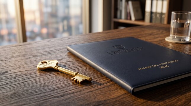 Gold key and financial portfolio book on wooden desk, business investment, wealth management, secure assets, savings plan, retirement fund, economic growth, professional finance
