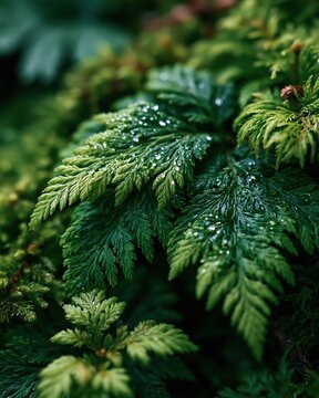 Wet green moss and fern leaves with dewdrops close up