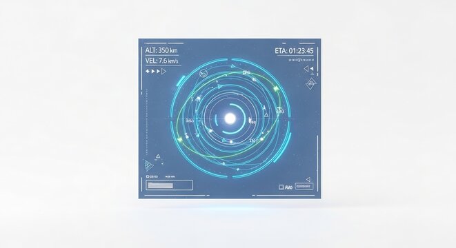 Digital Hologram Interface: A futuristic holographic display showcases an intricate digital interface with circular orbits and glowing data, suggesting advanced technology and cosmic exploration.