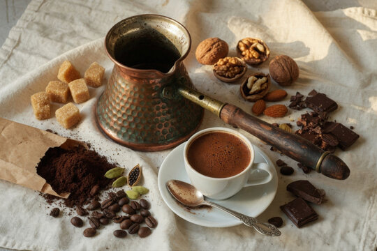 Turkish coffee ritual still life with cezve and chocolate nuts