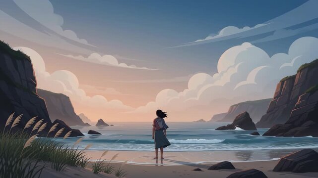 Woman standing on a serene beach at sunset, contemplating the vast ocean and dramatic coastal cliffs under a cloudy sky.