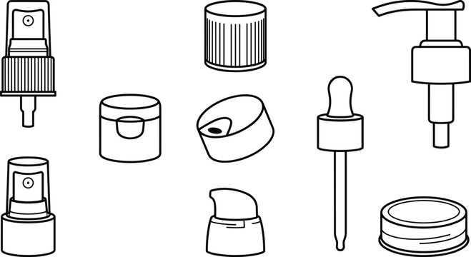 Cosmetic Bottle Closures and Dispensing Pumps Line Icon Set Featuring Fine Mist Spray Dropper Flip Top and Jar Lids for Product Packaging Designs