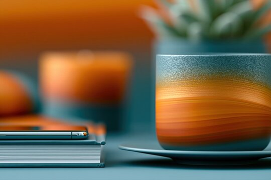 Colorful ceramic cup with candle and books cozy still life