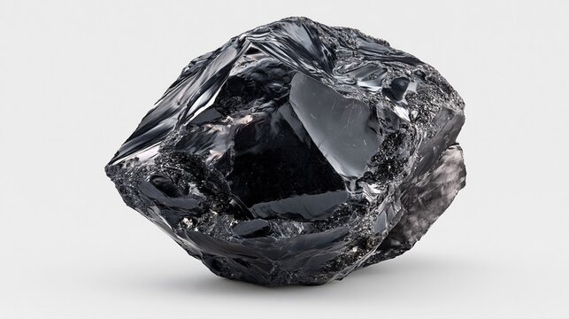 Black obsidian volcanic glass rough crystal stone on light background