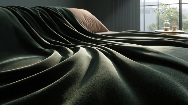 Dark forest green velvet fabric draped over bed soft folds