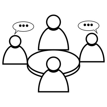 Business meeting conference icon outline with team discussion around round table and speech bubbles