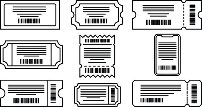 Event Admission Tickets and Barcode Receipt Line Icon Set Featuring Movie Cinema Coupons Boarding Passes and Mobile Digital Voucher Templates