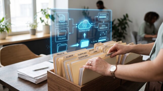Office worker organizing physical files with cloud sync hologram, data migration, document management, digital transformation, file storage, business administration, archiving