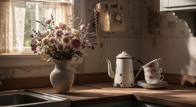 Vintage kitchen interior with dried flowers and tea set interior sunlight