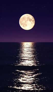 Large moon lights up the ocean at night. Waves gently flow as the moon reflects on the water