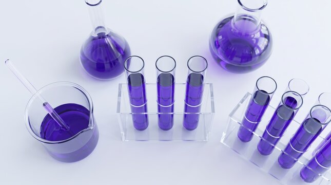 Laboratory glassware filled with purple liquid chemicals, test tubes and beakers on white, science research experiment, medical pharmaceutical industry analysis setup.