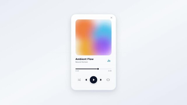Glassmorphic media player widget with animated gradient art