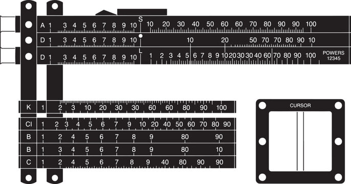 Vintage calculating tool, antique slide rule for math calculations with cursor, detailed representation of analog computation device.
