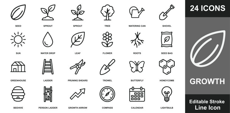 Growth gardening icons set features black linear plant life symbols with professional editable stroke.