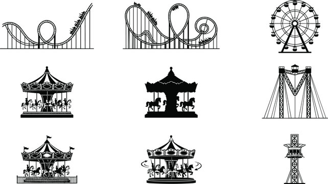 Amusement park rides black silhouette collection featuring rollercoaster tracks ferris wheel carousels and drop tower attractions