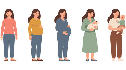 Obraz premium Maternity and motherhood stages from pregnancy to carrying newborn infant.