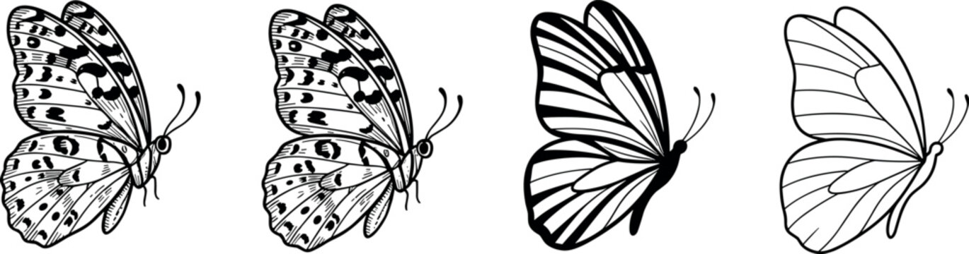 Set of blue outline and silhouette butterflies collection isolated on white background vector illustration