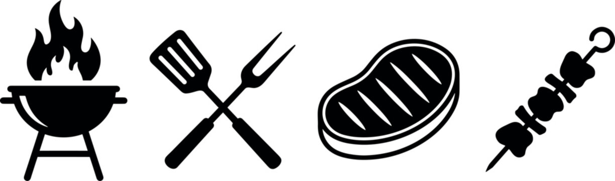Set of black silhouette barbecue grill, tools, steak and shish kebab icons collection isolated on white background vector illustration