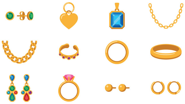 Gold jewelry collection luxury accessories with necklace earrings ring pendant bracelet.