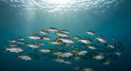 Fototapeta premium School of fish swimming underwater in the deep blue ocean