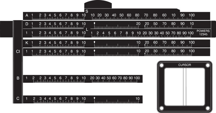 Detailed slide rule mathematical instrument vector illustration showing scales with cursor tool isolated on dark background for engineering and calculation.