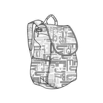 Printed backpack vector mockup template technical technical line drawing.