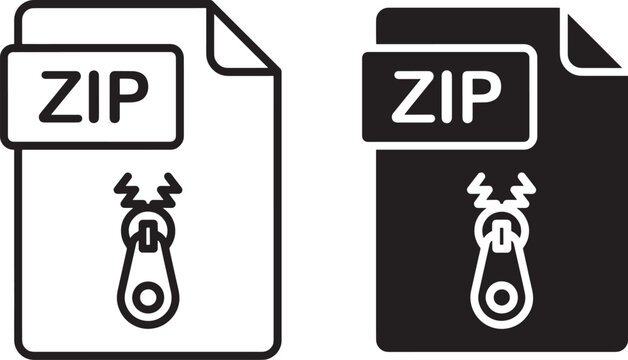 Two zip file icons representing data compression format depicted in outline and solid black style isolated on transparent background for digital storage use.