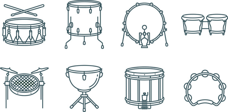 Acoustic Drum Kit and Percussion Instrument Icon Set with Snare Bass Drum Tom Timpani Bongos and Tambourine Minimal Line Art Vectors