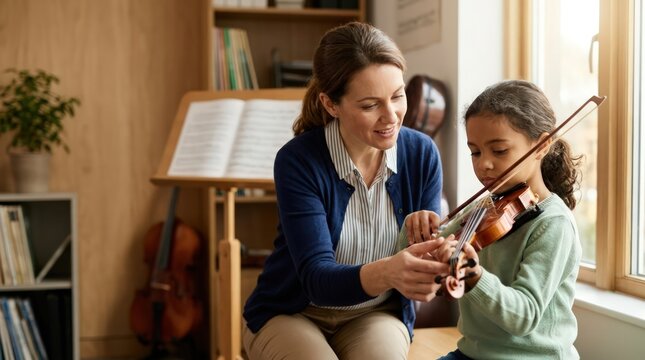 Teacher helping young girl play violin during music lesson