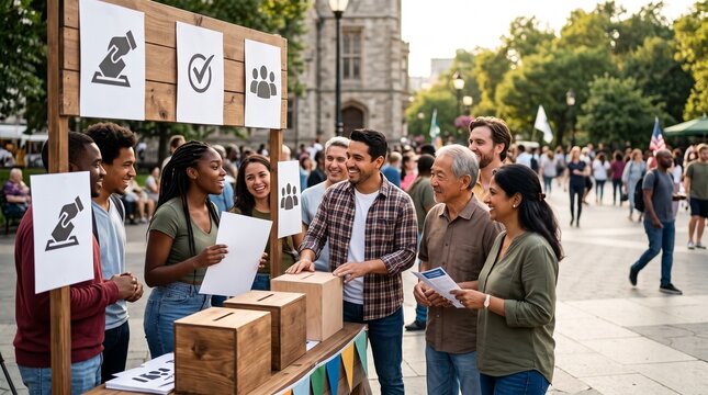 Diverse group of people participating in a public opinion survey or community voting event outdoors