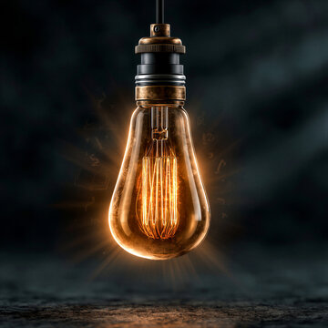 Vintage Edison bulb glowing with warm amber filament on a dark background. Cinematic lighting creates soft volumetric rays and book silhouettes, ideal for educational branding and web banners.