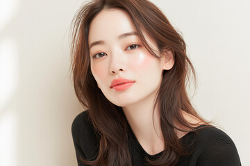 Fototapeta premium 美容, 女性, スキンケア, 化粧品, ビューティー, 若い女性, 美肌, 日本人, アジア人, フェイシャル, メイク, 美容液, 保湿, クリーム, エイジングケア, 美容医療, エステ, 美容クリニック, 肌ケア, ナチュラルメイク, 透明感, ツヤ肌, モデル, 笑顔, ポートレート, クローズアップ, リラックス, 癒し, 健康的, 美白, コラーゲン, ヒアルロン酸, アンチエイジング