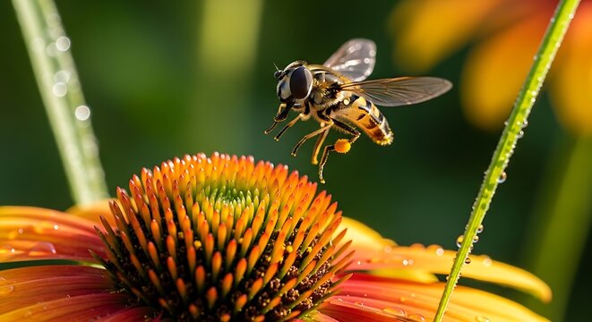 Bee flying above orange coneflower blossom in summer garden with coneflower