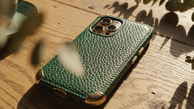 Elegant Green Textured Leather Designer Smartphone Case with Gold Accents on a Wooden Table