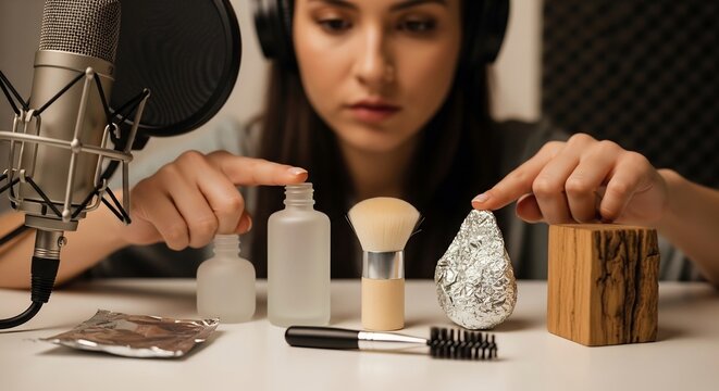 ASMR Artist in Action: A young woman with headphones is focused on creating ASMR content, arranging various objects like bottles, a makeup brush, and a block of wood.