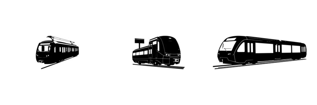 2026 hydrogen-powered commuter train silhouette set with sleek aerodynamic mass transit icon featuring black shape and white background