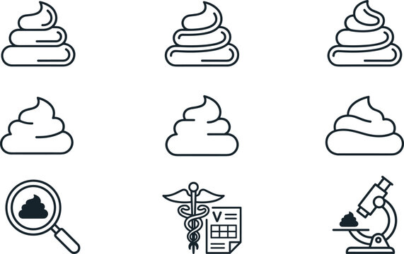 Stool Sample Laboratory Analysis and Veterinary Medical Line Icon Set with Stool Types Microscope Magnifying Glass and Caduceus Medical Symbols