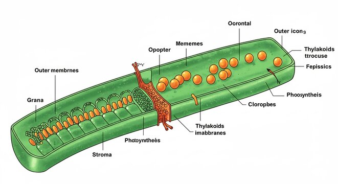 Chloroplast Diagram: A detailed scientific illustration of a chloroplast, showcasing its internal structure including grana, stroma, thylakoids, and outer membranes.