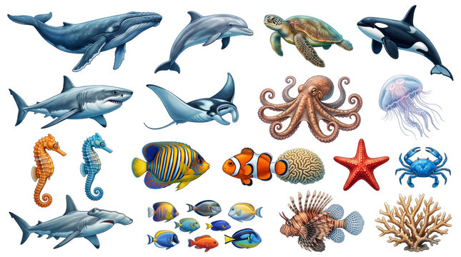 Watercolor sea animals collection, marine life set with whale and shark, ocean creature illustrations on white background