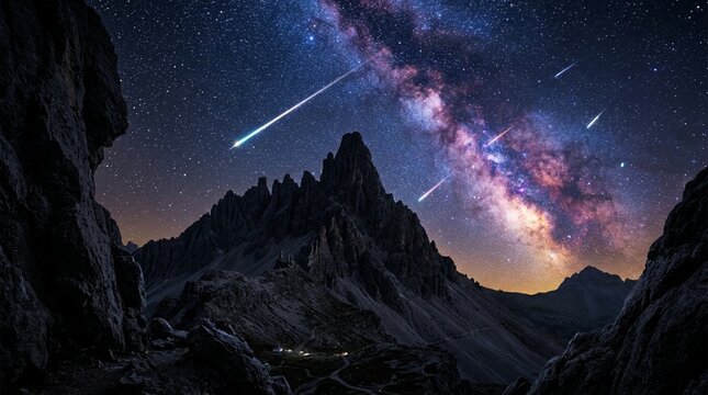 Milky Way galaxy and meteor shower over dark mountain peaks