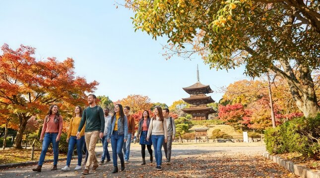 Diverse Group of Friends Walking in Japanese Park with Pagoda in Autumn