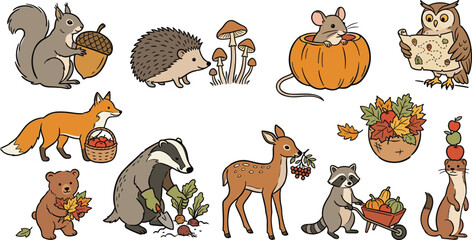 Obraz premium Hand Drawn Autumn Forest Animal Character Icon Set with Fox Squirrel Bear and Harvest Elements for Cottagecore Thanksgiving Storybook Designs